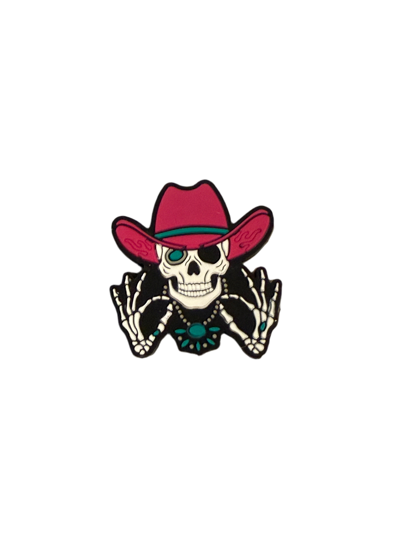 F/S11- (1)PC 1" Smiling Skeleton W/Pink Cowboy Hat/Turquoise Necklace Focal Bead for DIY Keychains, Wristlets, Cup Charms, Car Charms ETC