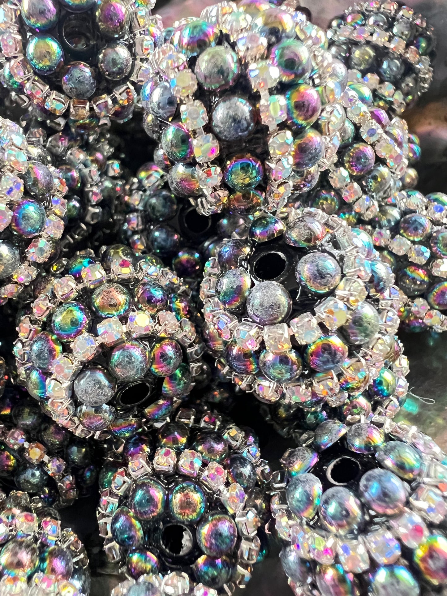 5 PCS - 18mm Fancy Round Galaxy Rhinestone/Pearl Black UVAB Acrylic Beads image 2