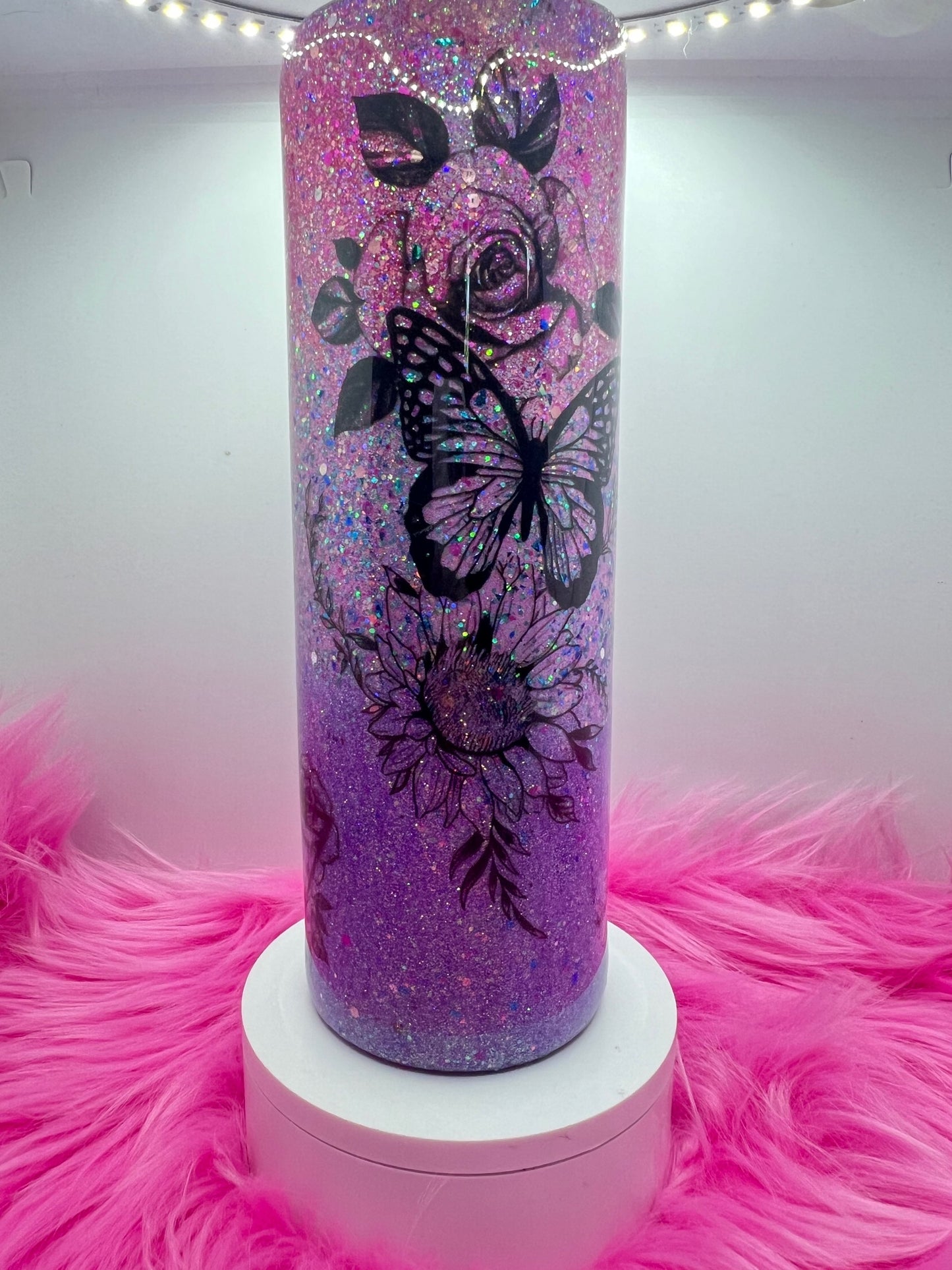  (1)- RTS 30oz Straight BUTTERFLY ROSE purple/pink/silver glitter Epoxy Tumbler image 0