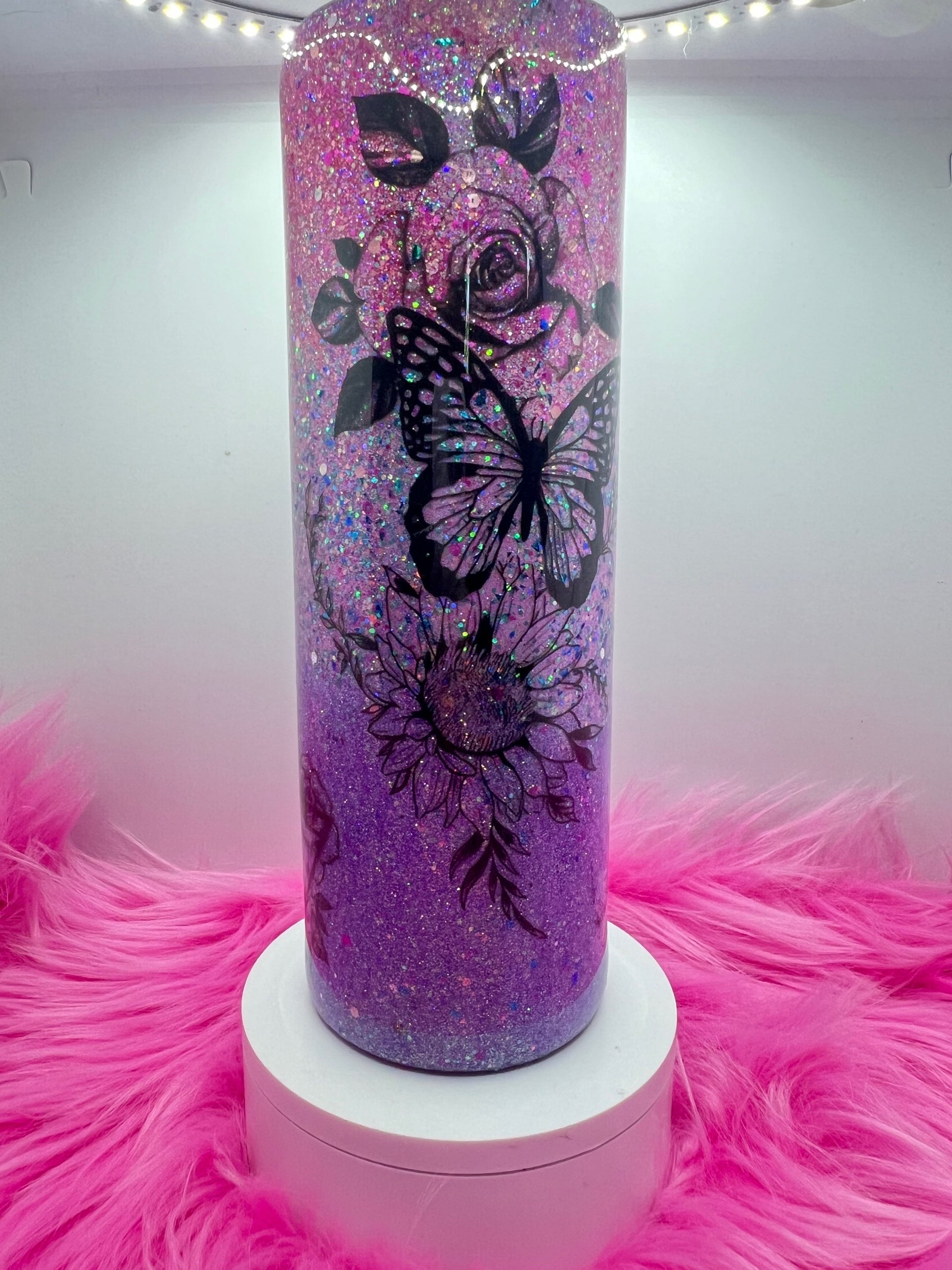  (1)- RTS 30oz Straight BUTTERFLY ROSE purple/pink/silver glitter Epoxy Tumbler image 0