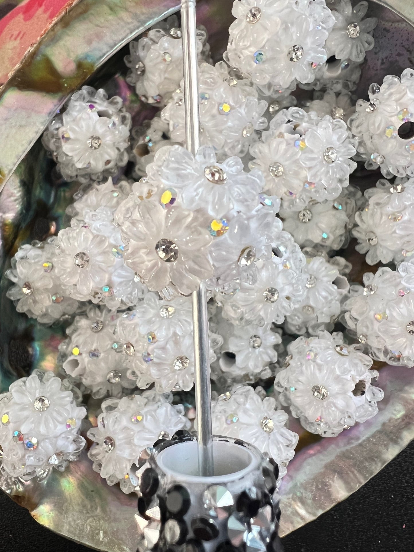 5 PCS- 23mm Round White/AB Rhinestone W/ Clear Daisy Flowers Clay Beads image 3