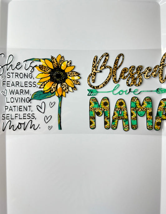 C18- Blessed MAMA/She is..... with Sunflower, leopard, and turquoise print 16OZ UV DTF Transfer Wrap/Sticker for Cup/Tumbler