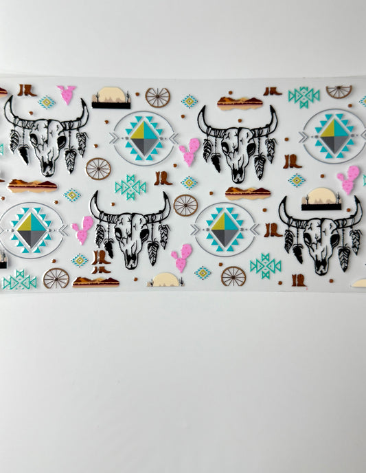 C69- Western BOHO Skulls, wheels, cacti, designs 16OZ UV DTF Transfer Wrap/Sticker for Cup/Tumbler