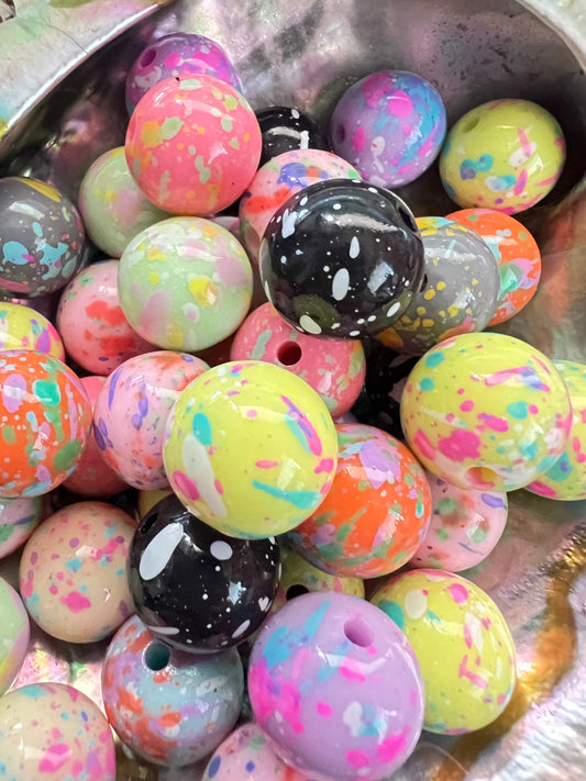 10 PCS- 15mm Round Multi-Color W/Rainbow Paint Splatters Acrylic Beads image 0