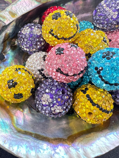 5 PCS - 21mm Rainbow Mixed Color SMILEY FACE Round Clay Rhinestone Beads image 1