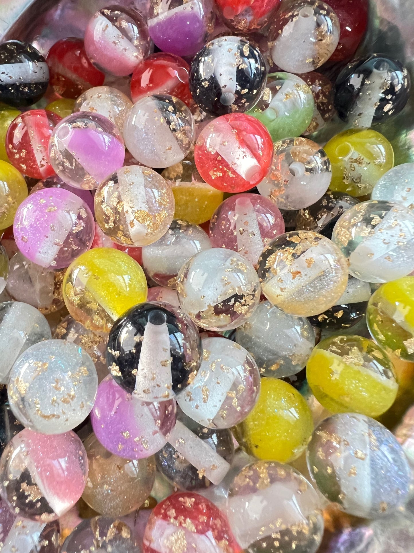 10 PCS- 12mm Round Mixed Colors Clear W/Flower Inside/ Gold Flake Resin Beads image 4