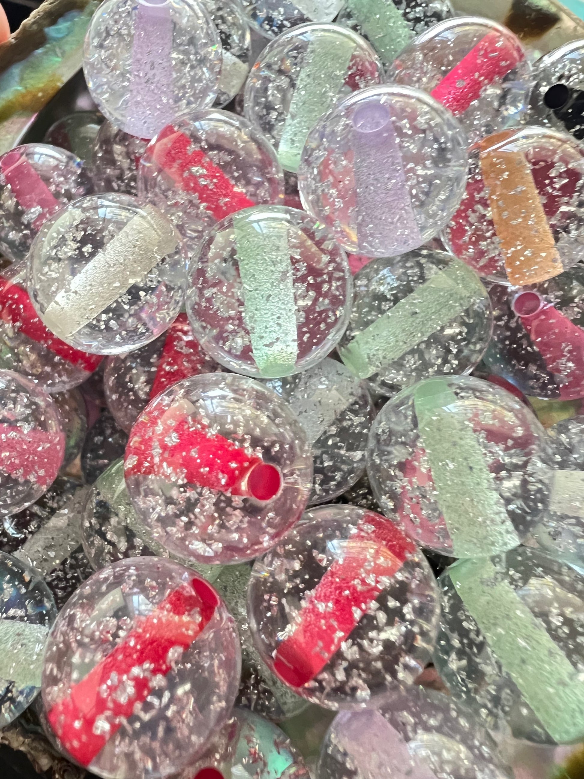 10 PCS- 15mm Round Mixed Colors Clear W/Silver Glitter Flake Resin Beads image 4