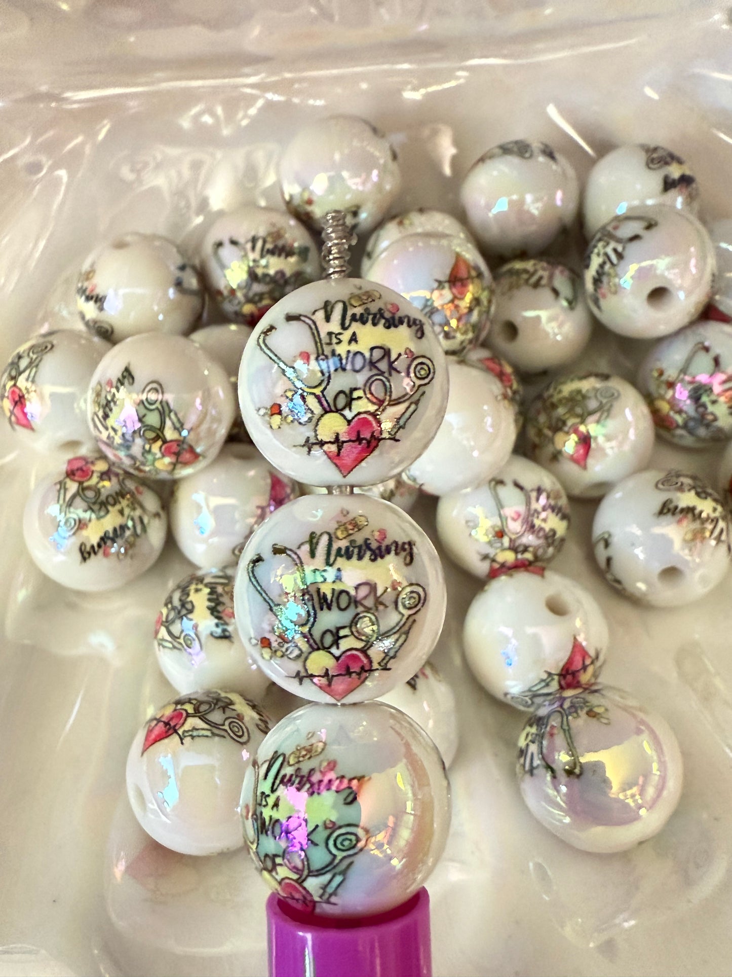 B7- (10PCS) 16mm White UVAB Nursing is a work of heart Bubblegum Acrylic Beads for DIY
