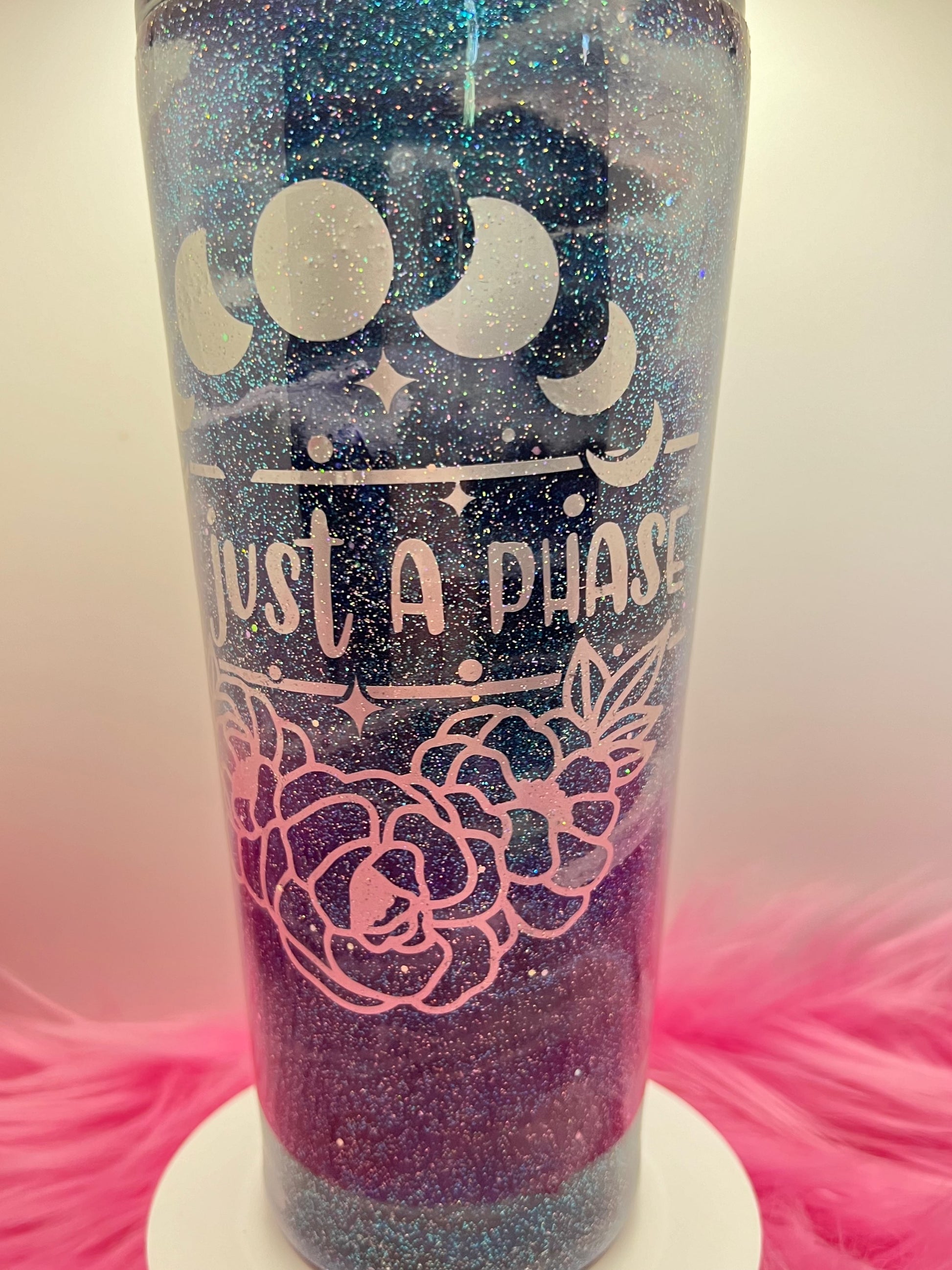 (1)- RTS 32oz Tapered Milky Way Just a phase MOONS teal/bl/glitter Epoxy Tumbler image 0