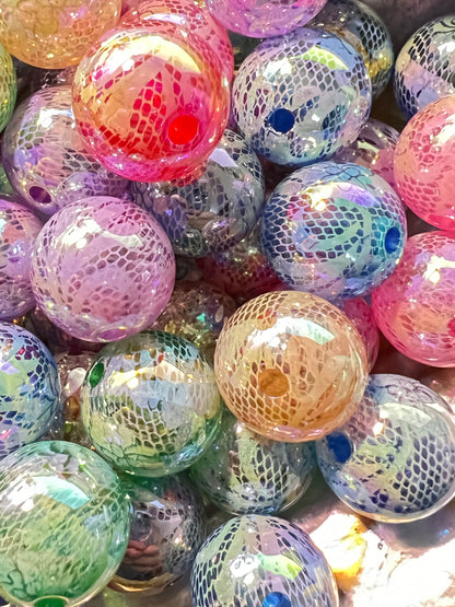 5 PCS - 15mm White LACE on Multicolored Bubblegum Beads image 1