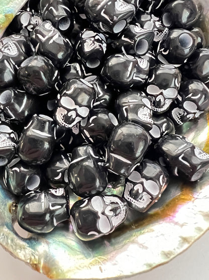 10 PCS- 14mm Black/White Matte/ Skull Shaped Printed Beads image 0