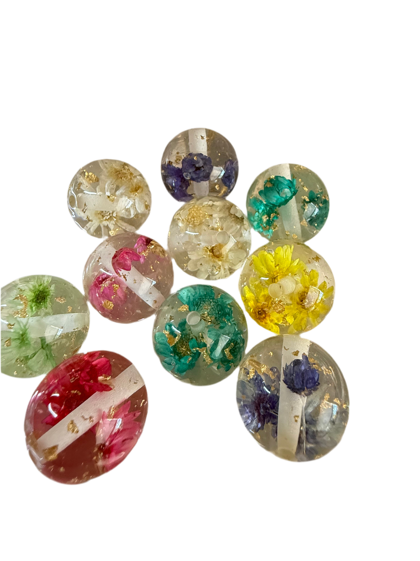 R44- (5PCS) 20mm Multi-Color Transparent Resin Dried Floating Floating Flower W/Gold Glitter Flakes Resin Bubblegum Beads for DIY