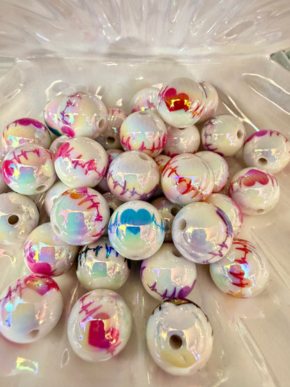 B3- (10PCS) 16mm White UVAB w/Multicolor Heart rate Bubblegum Mixed Acrylic Beads for DIY