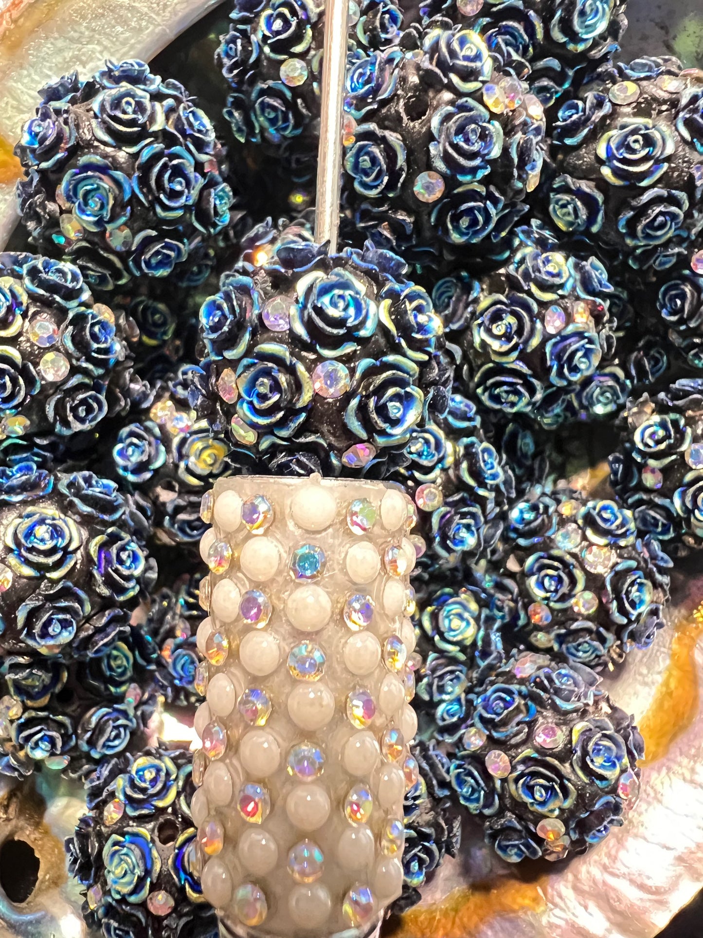 5 PCS- 18mm Fancy Round Black AB Roses/Rhinestones Clay Beads image 2