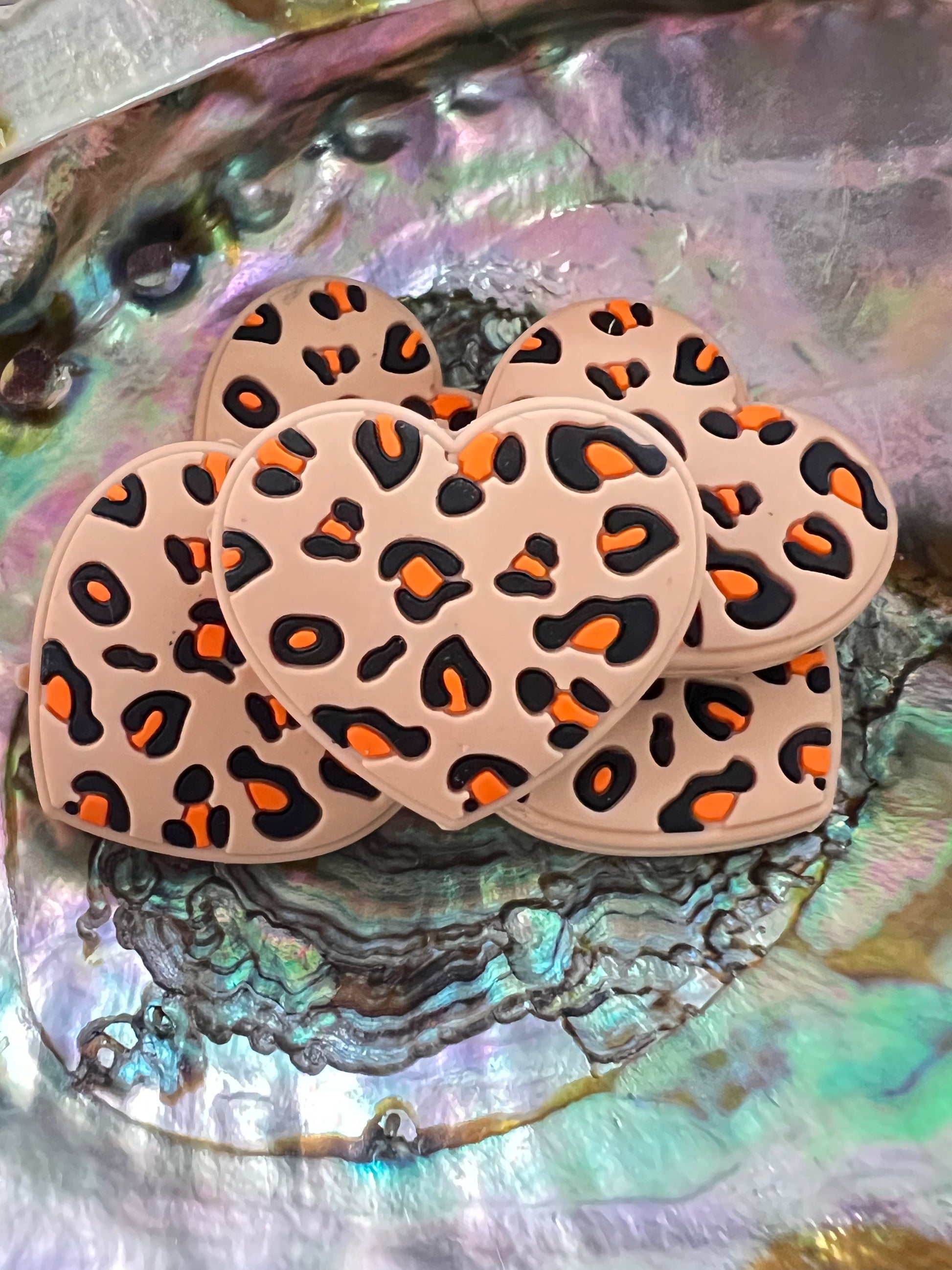 (1)PC- Tan Heart Shape Orange/Black Leopard Print Focal Bead image 0