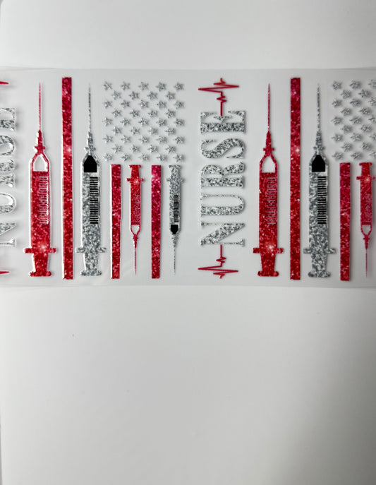 C60- NURSE with Glitter Flag shaped with nurse tools/accessories  16OZ UV DTF Transfer Wrap/Sticker for Cup/Tumbler
