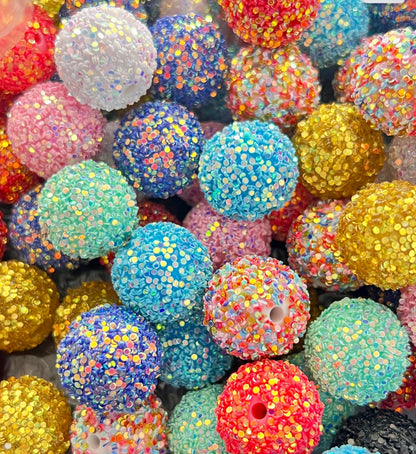 R23- (10PCS) 20mm Mixed Color Bubblegum Acrylic Sugar Beads Coated with Glitter Flakes Beads for DIY