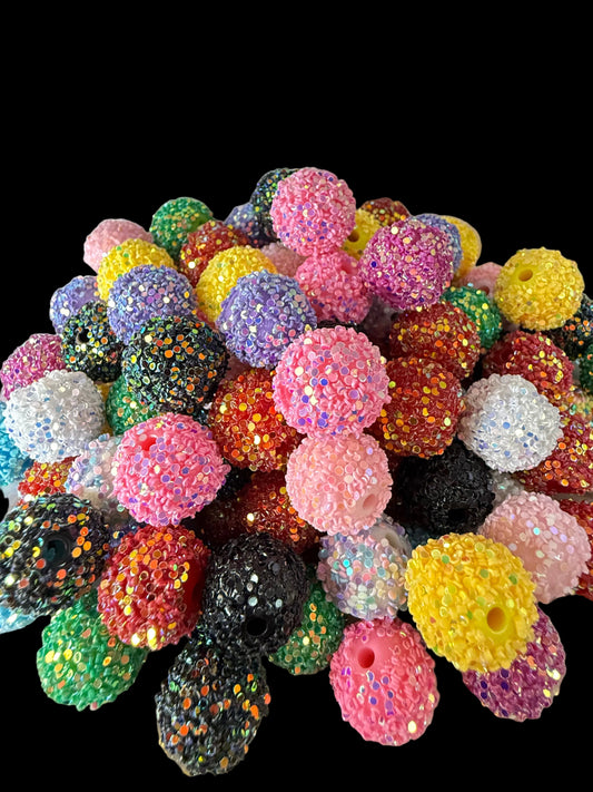 R5- (10PCS) 15mm Mixed Color Bubblegum Acrylic Sugar Beads Coated with Glitter Flakes Beads for DIY