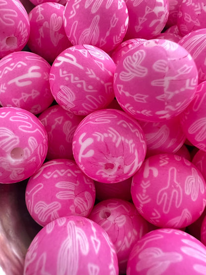 10 PCS- 15mm Pink/White Round Cactus/Western Print Silicone beads image 1