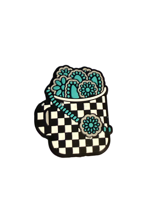 F/COF9 (1)PC 1.3"  BLK/WHT Checkered Coffee Cup W/Turquoise Pieces Focal Bead for DIY Keychains, Wristlets, Cup Charms, Car Charms ETC