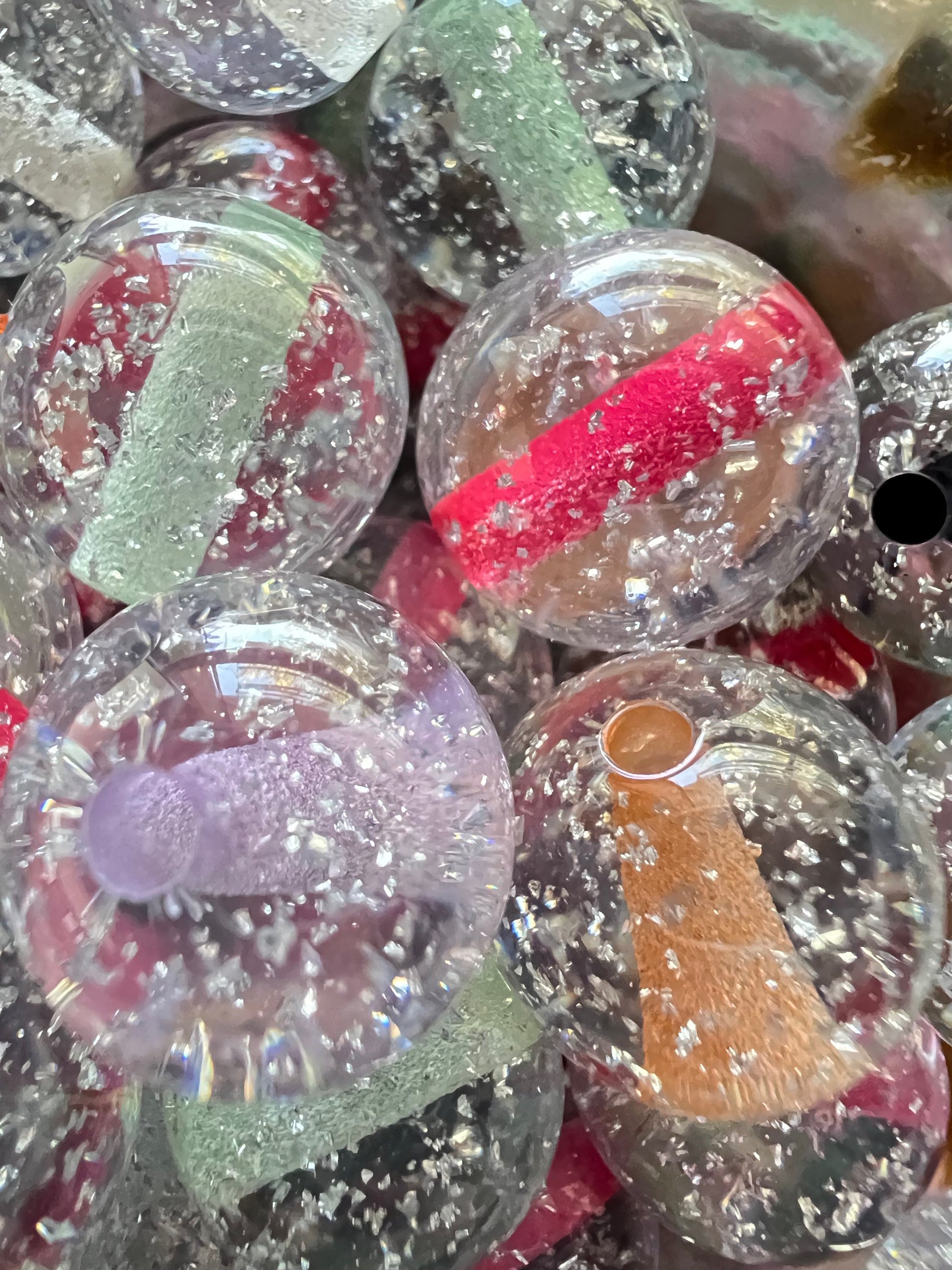10 PCS- 15mm Round Mixed Colors Clear W/Silver Glitter Flake Resin Beads image 2