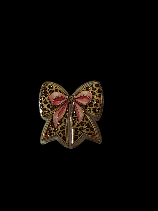 F/ACR13- (1)PC 1" Leopard Print W/Pink BOW Acrylic Focal Bead for DIY Pens, Keychains, Wristlets, Cup Charms, Car Charms ETC