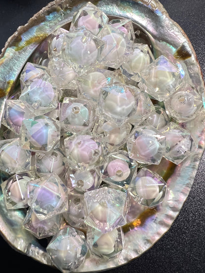 10 PCS- 19mm 3D Hexagon Aura White/Clear Acrylic Beads image 0