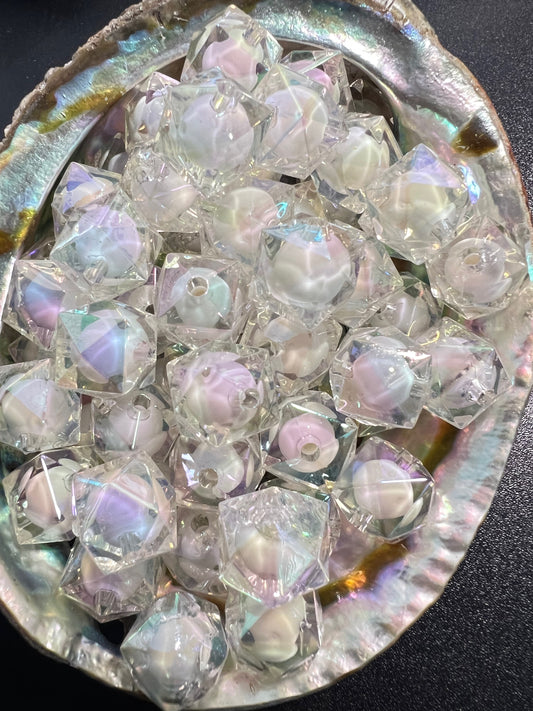10 PCS- 19mm 3D Hexagon Aura White/Clear Acrylic Beads image 0