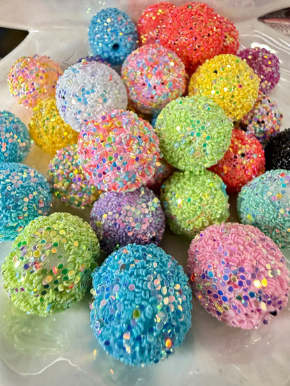 R23- (10PCS) 20mm Mixed Color Bubblegum Acrylic Sugar Beads Coated with Glitter Flakes Beads for DIY