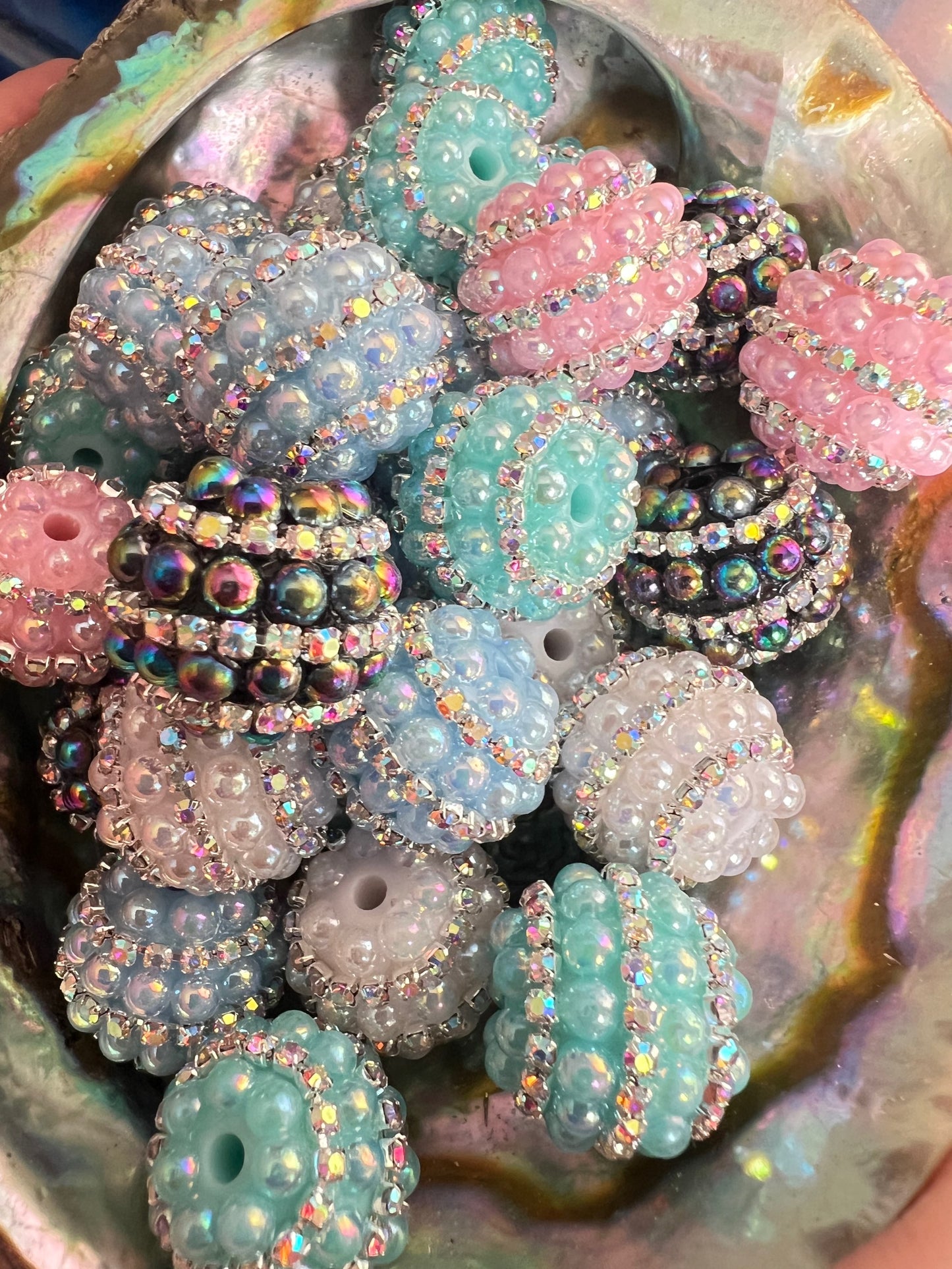 5 PCS - 18mm Fancy Round Multicolor Rhinestone/Pearl UVAB Acrylic Beads image 0