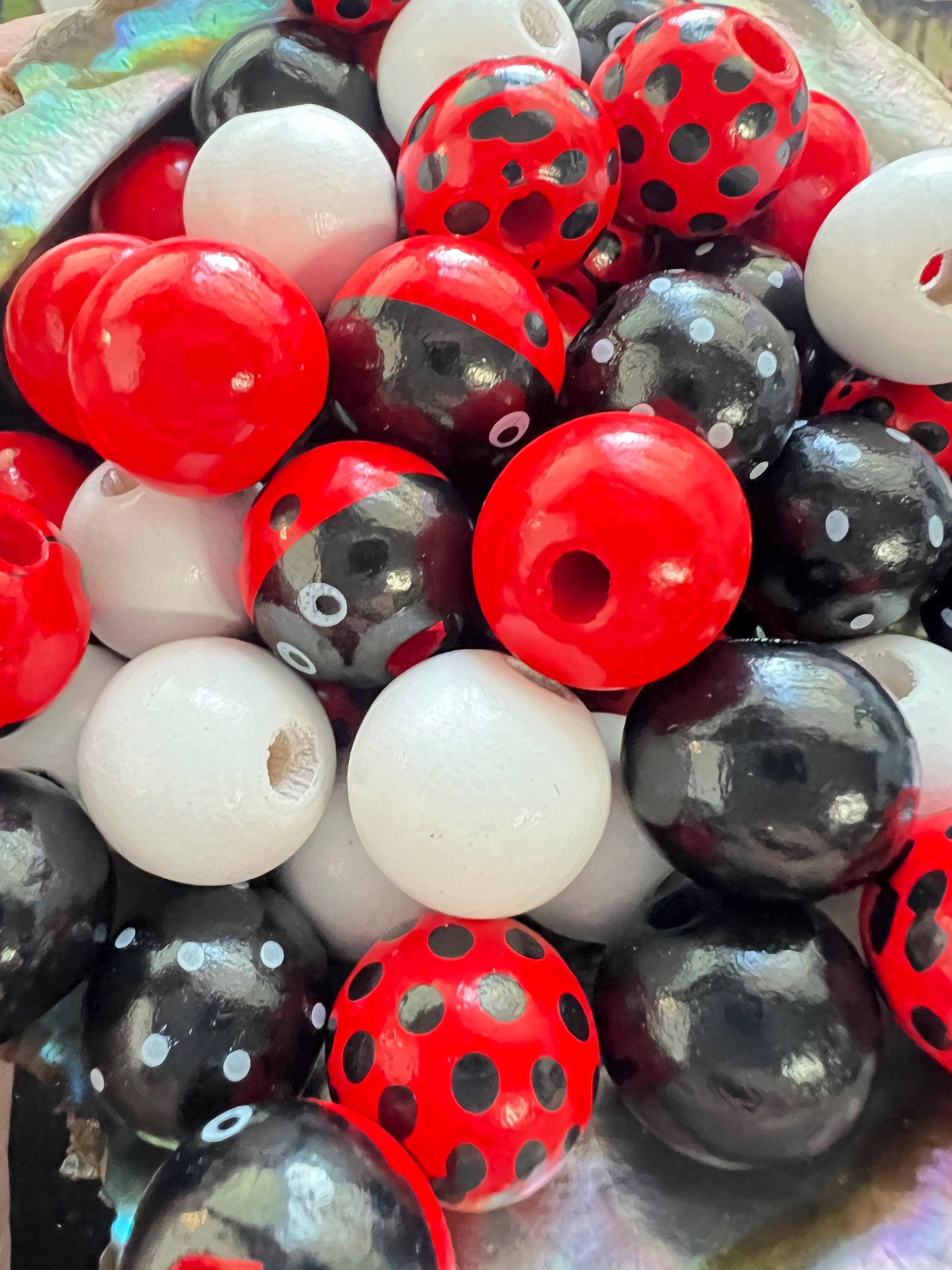 10 PCS-  16mm Multicolored LadyBug/Red/Black/White Polka Dot Wooden Beads image 0