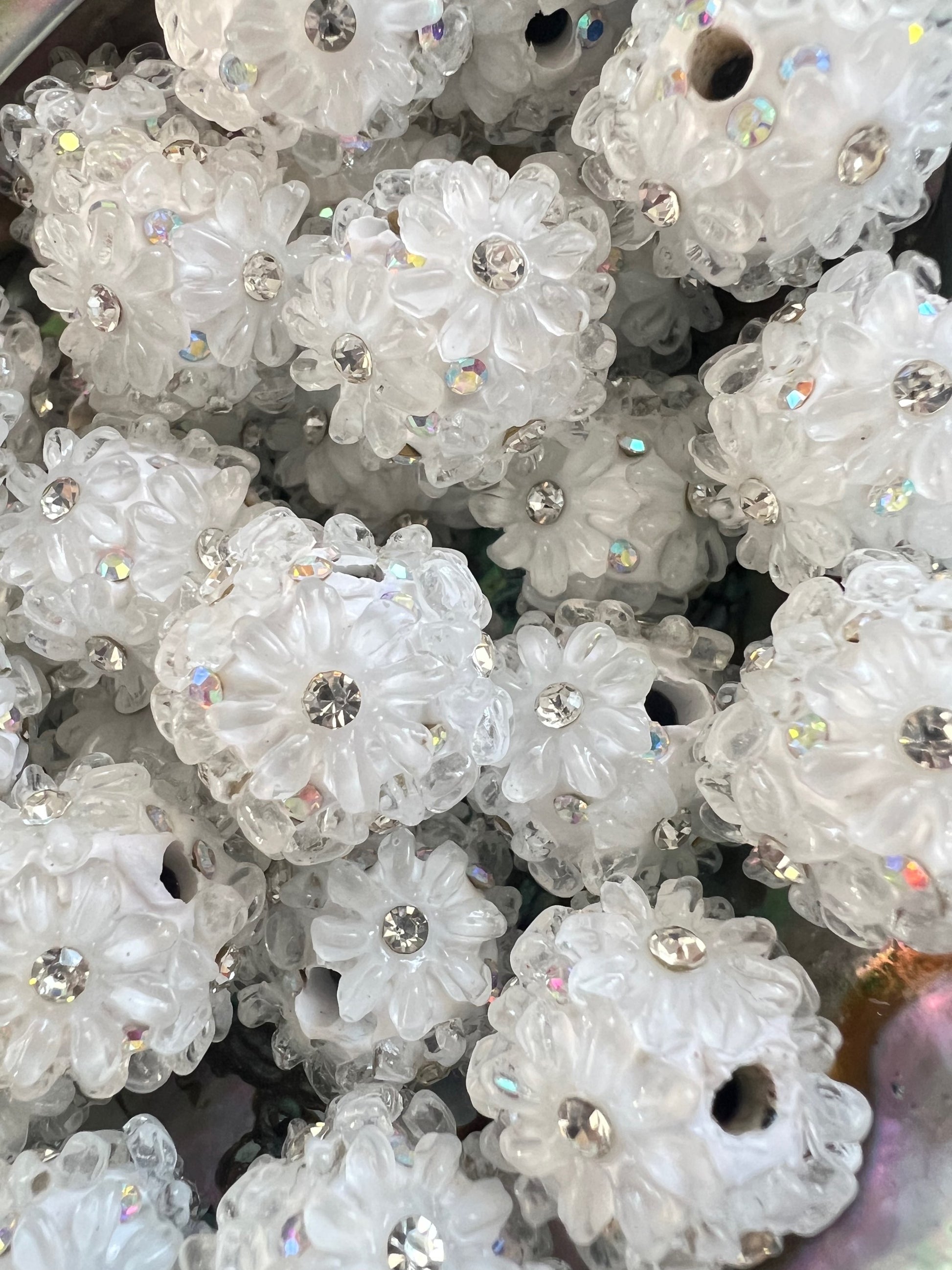 5 PCS- 23mm Round White/AB Rhinestone W/ Clear Daisy Flowers Clay Beads image 2