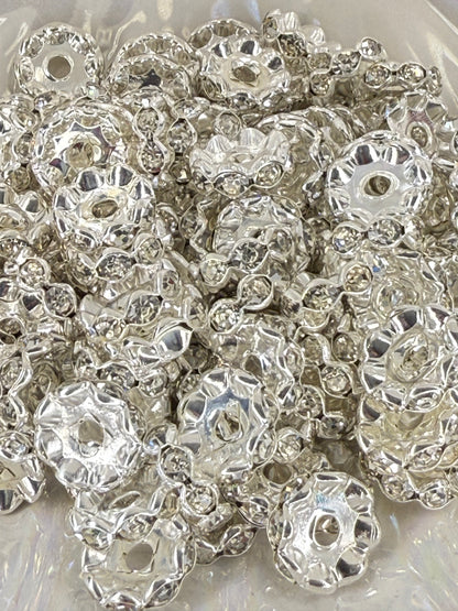 R78-(10PCS) 12mm Clear SILVER Rhinestone Wavy Round Style Acrylic/Plastic Spacer Beads for DIY