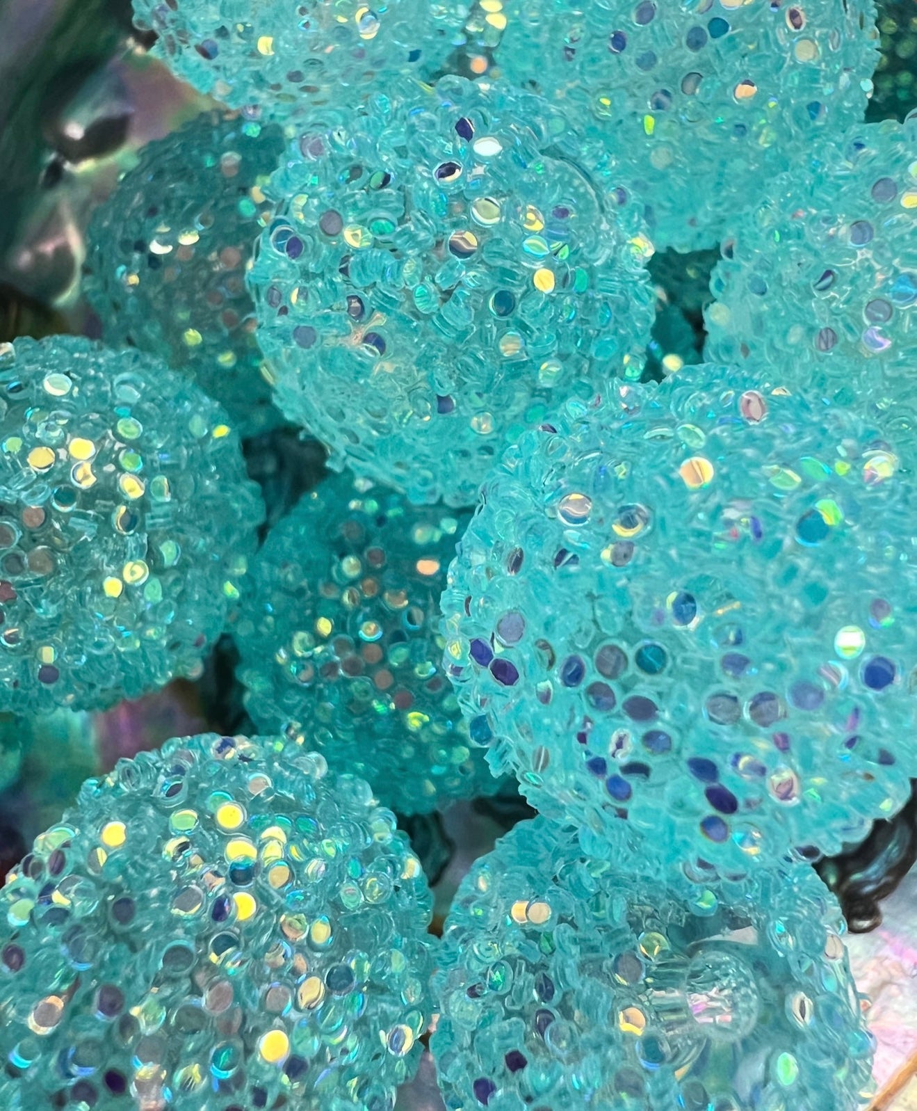 R26 SEAFOAM- (10PCS) 20mm Bubblegum Acrylic Sugar Beads Coated with Glitter Flakes Beads for DIY