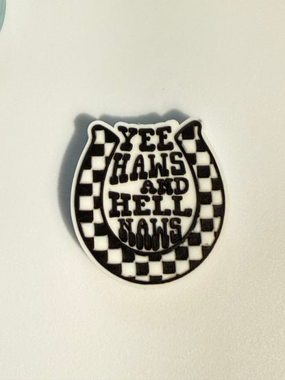 F/C25- (1)PC 1.1" Choose your color- YEE HAWS and HE*L NAWS W/Checkered Horseshoe Focal Bead for DIY Keychains, Wristlets, Cup Charms, Car Charms ETC