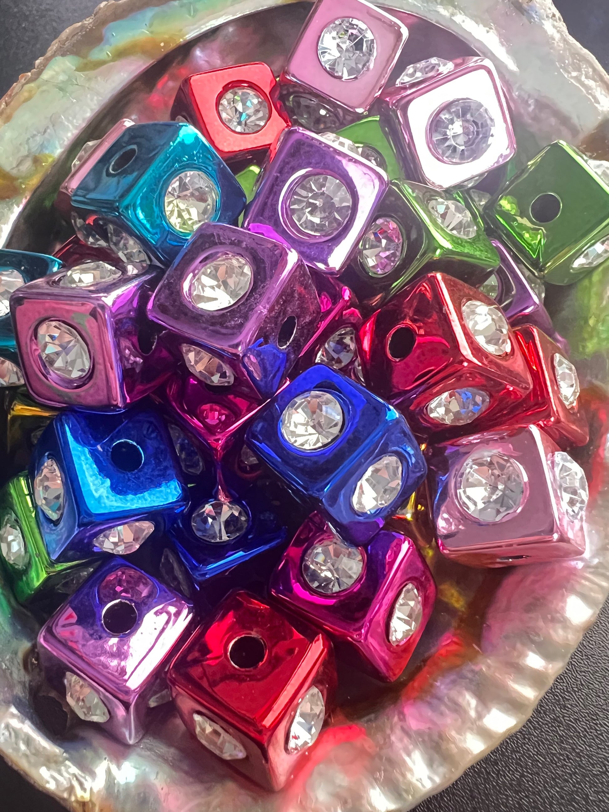 10 PCS - 14mm Metallic Multi colored Rainbow Rhinestone Cube/Square Beads image 4