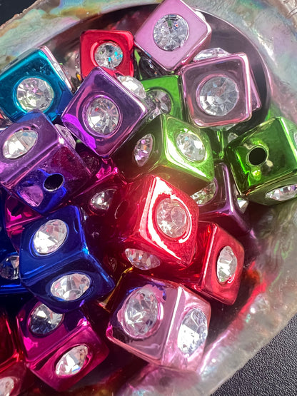 10 PCS - 14mm Metallic Multi colored Rainbow Rhinestone Cube/Square Beads image 2