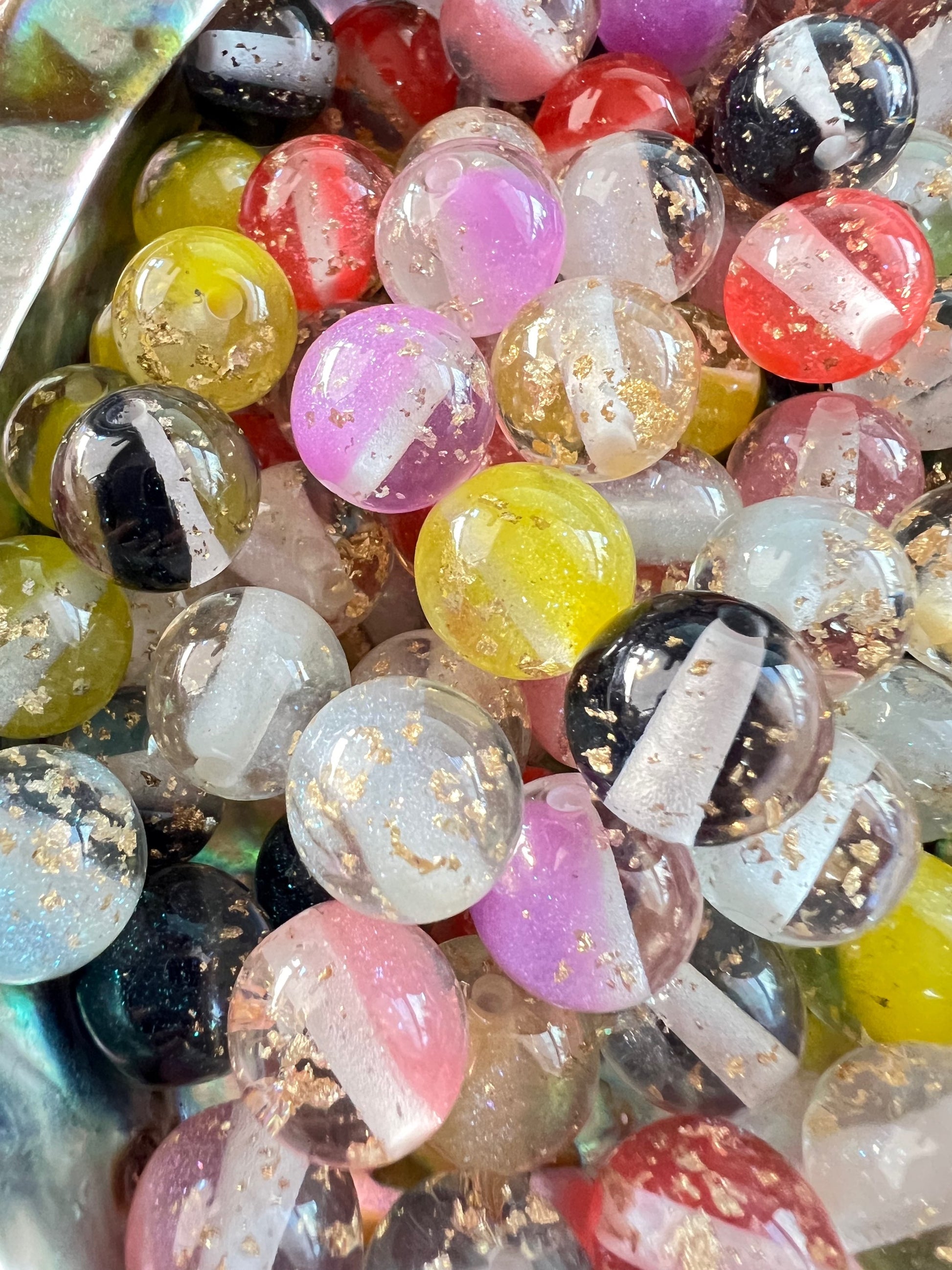 10 PCS- 12mm Round Mixed Colors Clear W/Flower Inside/ Gold Flake Resin Beads image 1