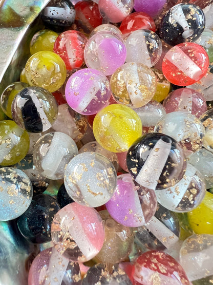 10 PCS- 12mm Round Mixed Colors Clear W/Flower Inside/ Gold Flake Resin Beads image 1