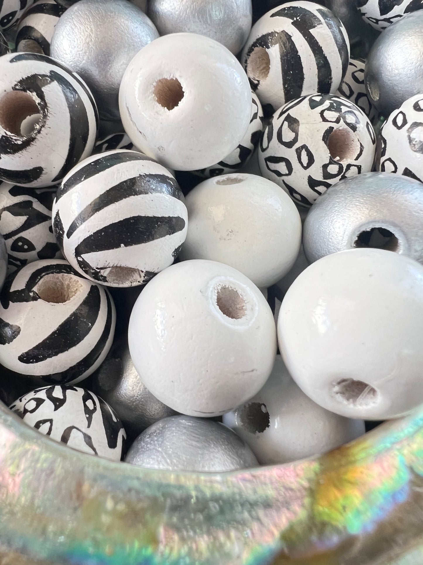 10 PCS-  16mm Multicolored Leopard/Zebra/Black/White/Silver Round Wooden Beads image 1