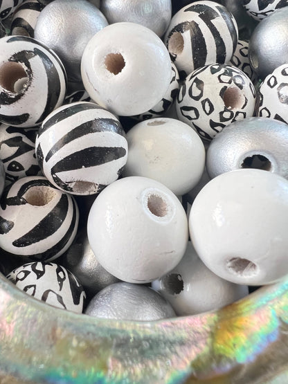 10 PCS-  16mm Multicolored Leopard/Zebra/Black/White/Silver Round Wooden Beads image 1