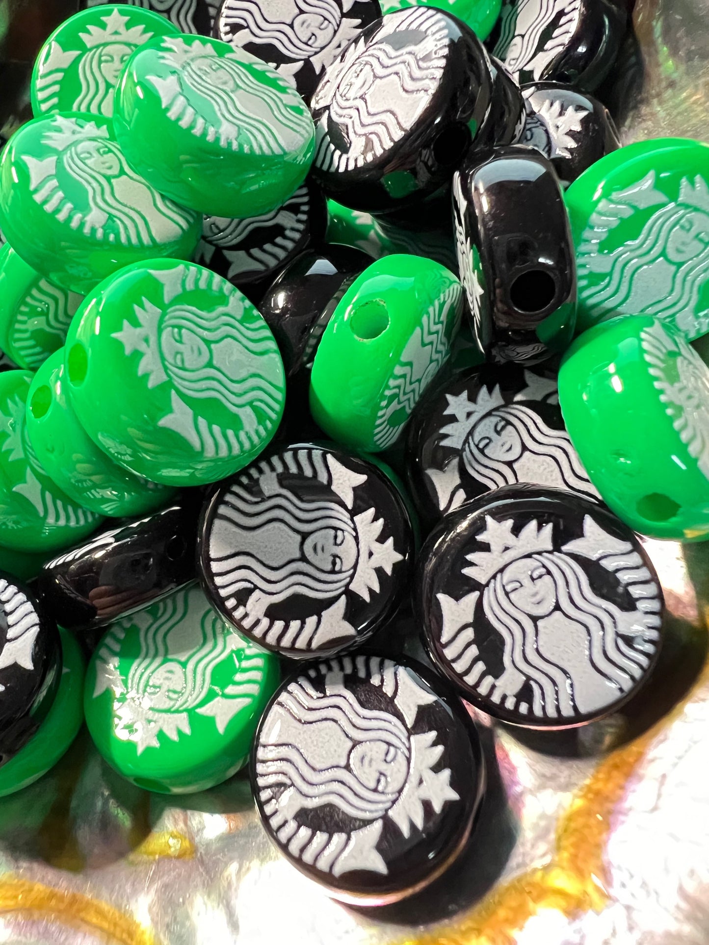 10 PCS - 18mm Round/Flat Green & Black StarBucks Coffee Acrylic Beads image 2