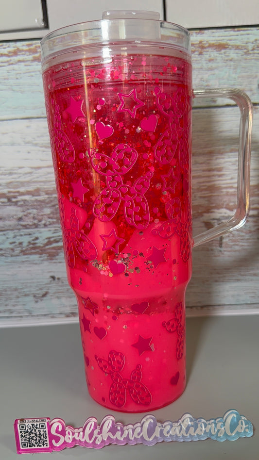 (1)- Ready To Ship Hot Pink DUAL LAVA Balloon Dog 40oz ACRYLIC W/Handle Snow Globe Tumbler