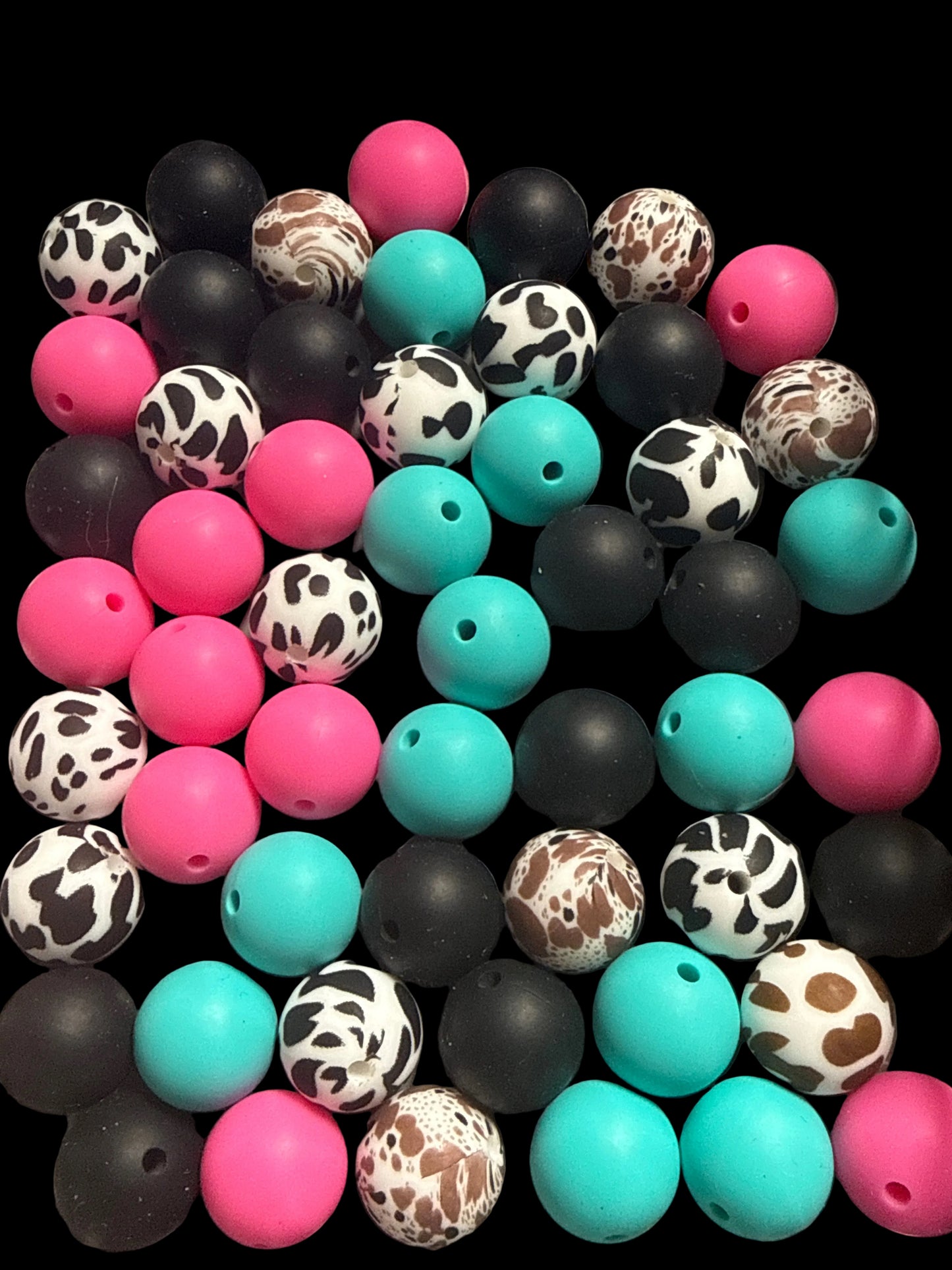 SILB14- (10PCS) 15mm Round Multicolored COW/HotPink/Black/Teal MIX of SILICONE beads for DIY