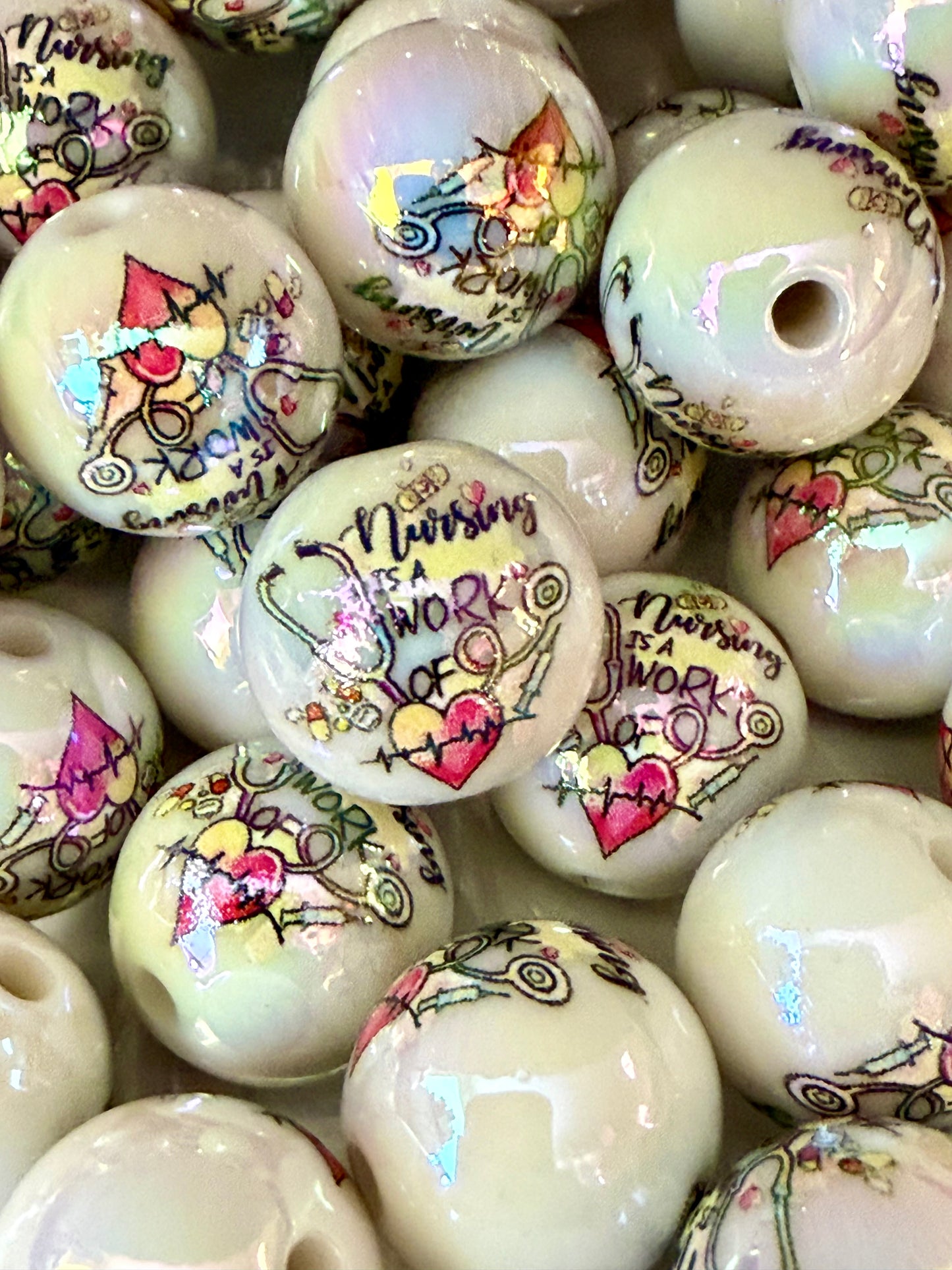 B7- (10PCS) 16mm White UVAB Nursing is a work of heart Bubblegum Acrylic Beads for DIY