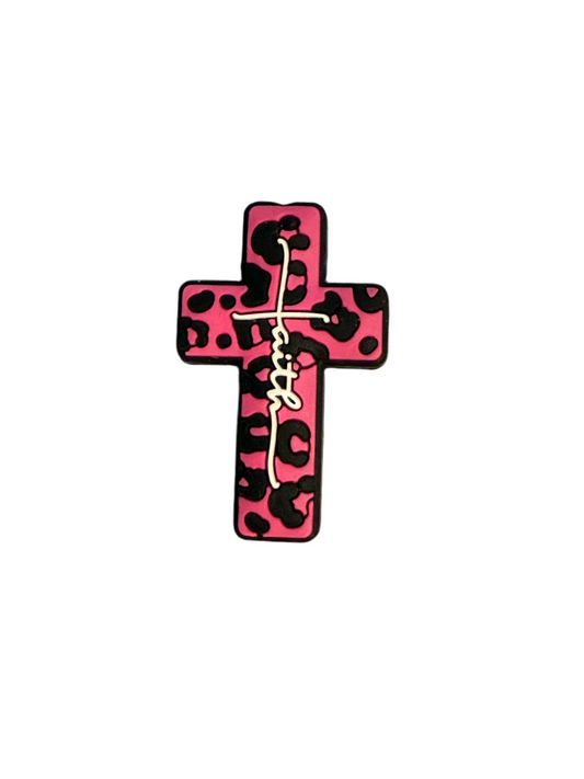 F/R20- (1)PC 1.5" Faith Cross Pink/Black Leopard Print Focal Bead for DIY Keychains, Wristlets, Cup Charms, Car Charms ETC