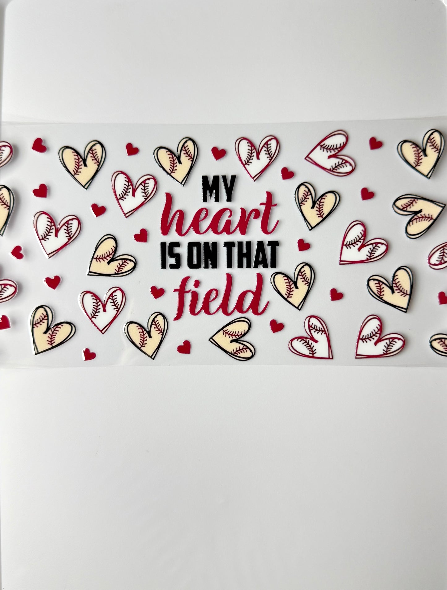 C80- My heart is on that field with White/ivory/red hearts 16OZ UV DTF Transfer Wrap/Sticker for Cup/Tumbler