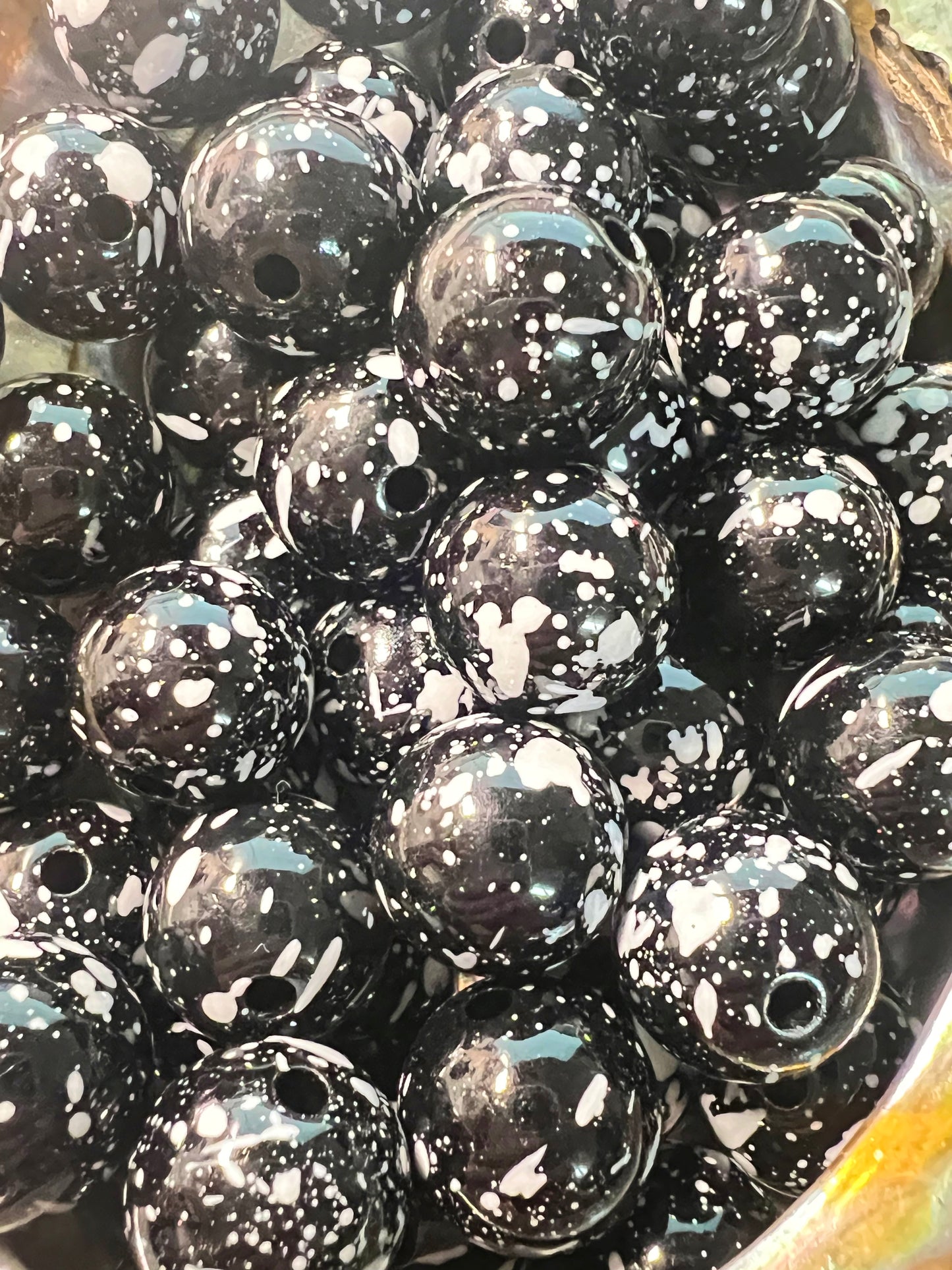 10 PCS- 15mm Round Black with White Paint Splatters Acrylic Beads image 2