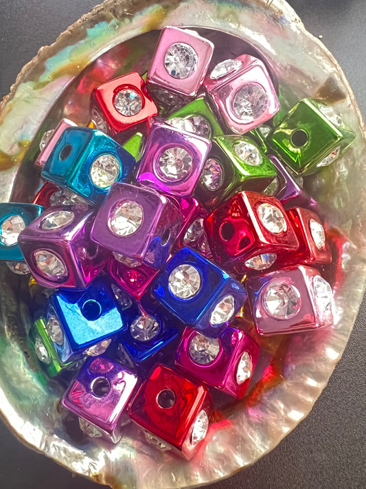 10 PCS - 14mm Metallic Multi colored Rainbow Rhinestone Cube/Square Beads image 0