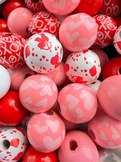 10 PCS-  16mm Multicolored Valentine XOXO/Cupid/Hearts Round Wooden Beads MIX image 1